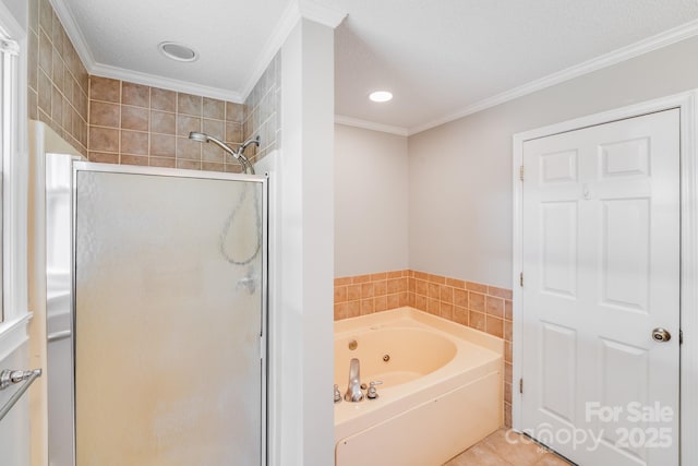 6350 Mount Pleasant Rd S, Concord, NC 28025 - bathroom with a stall shower, a tub with jets, crown molding, tile patterned floors, and recessed lighting
