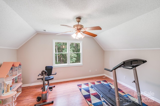 6350 Mount Pleasant Rd S, Concord, NC 28025 - exercise area with a textured ceiling, wood finished floors, ceiling fan, lofted ceiling, and baseboards
