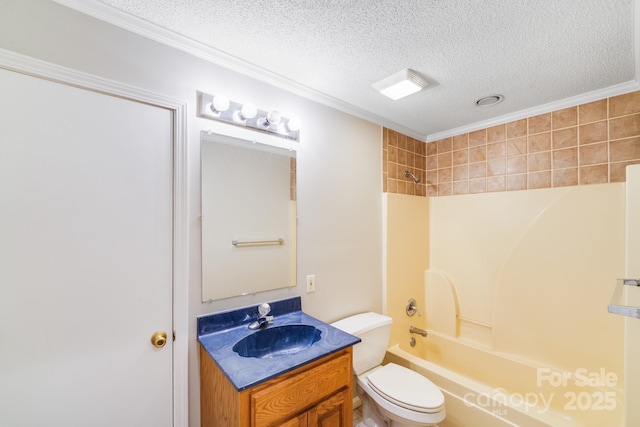 6350 Mount Pleasant Rd S, Concord, NC 28025 - bathroom featuring a textured ceiling, vanity, toilet, shower / bath combination, and ornamental molding