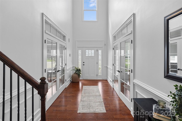 4500 Carrington Dr, Lancaster, SC 29720 - foyer entrance with french doors, a towering ceiling, and dark wood-style floors
