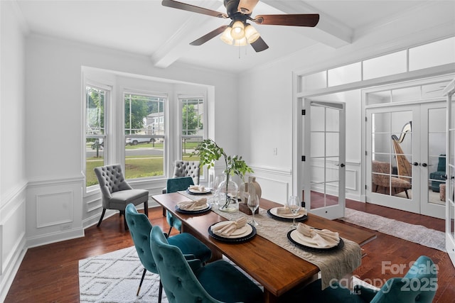 4500 Carrington Dr, Lancaster, SC 29720 - dining space featuring french doors, beam ceiling, dark wood-style floors, a ceiling fan, and crown molding