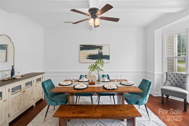 4500 Carrington Dr, Lancaster, SC 29720 - dining space with crown molding, dark wood-type flooring, wainscoting, and a ceiling fan