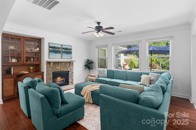 4500 Carrington Dr, Lancaster, SC 29720 - living room featuring ornamental molding, a fireplace, baseboards, dark wood-type flooring, and a ceiling fan