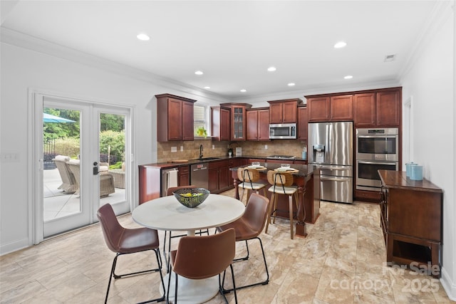 4500 Carrington Dr, Lancaster, SC 29720 - dining area featuring ornamental molding, french doors, recessed lighting, and baseboards