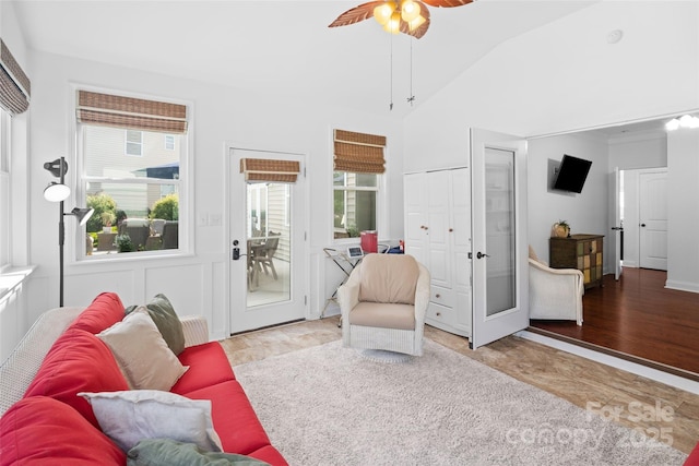 4500 Carrington Dr, Lancaster, SC 29720 - living area featuring a ceiling fan, wood finished floors, and vaulted ceiling