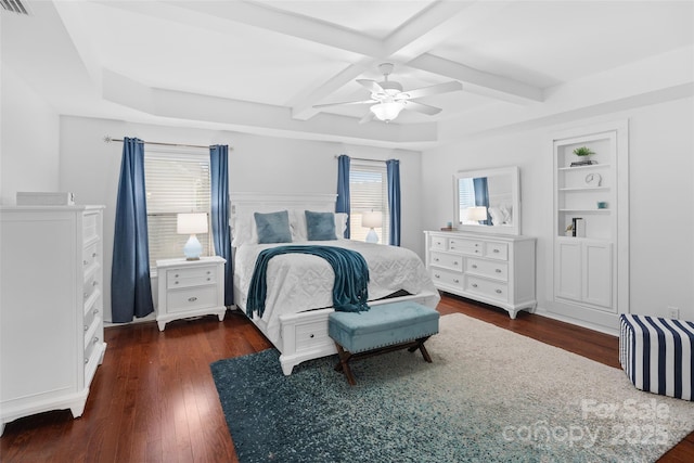 4500 Carrington Dr, Lancaster, SC 29720 - bedroom with coffered ceiling, dark wood-style flooring, ceiling fan, and beam ceiling