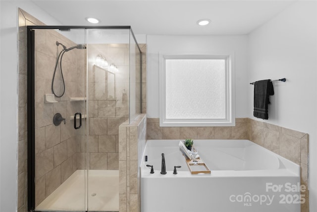 4500 Carrington Dr, Lancaster, SC 29720 - bathroom featuring a bath, a shower stall, and recessed lighting