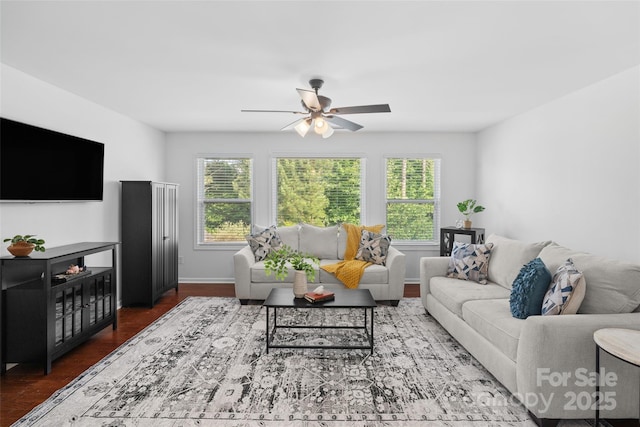 4500 Carrington Dr, Lancaster, SC 29720 - living area featuring ceiling fan, wood finished floors, and baseboards