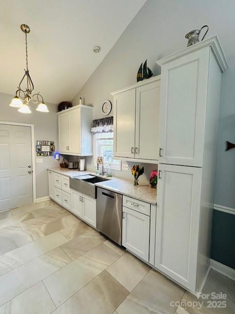 111 Brookview Dr, Shelby, NC 28152 - kitchen featuring a sink, dishwasher, light countertops, white cabinets, and vaulted ceiling