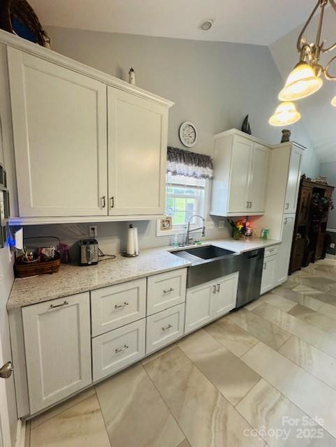 111 Brookview Dr, Shelby, NC 28152 - kitchen featuring vaulted ceiling, a sink, dishwashing machine, white cabinetry, and a chandelier