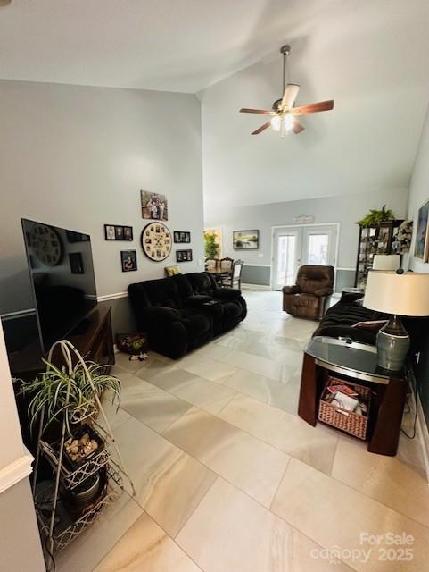 111 Brookview Dr, Shelby, NC 28152 - living area with a ceiling fan, high vaulted ceiling, and tile patterned flooring