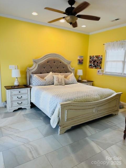 111 Brookview Dr, Shelby, NC 28152 - bedroom with crown molding, recessed lighting, and a ceiling fan