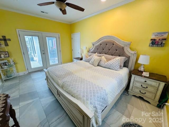 111 Brookview Dr, Shelby, NC 28152 - bedroom featuring access to outside, french doors, crown molding, and ceiling fan