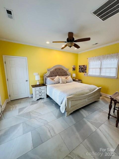 111 Brookview Dr, Shelby, NC 28152 - bedroom featuring ornamental molding, baseboards, ceiling fan, and recessed lighting