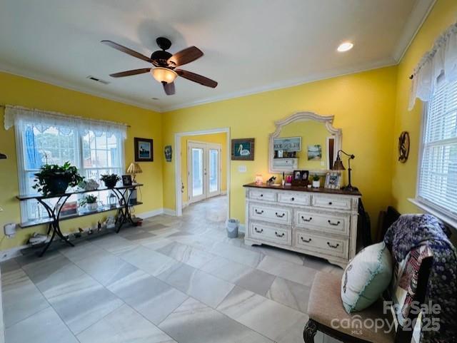 111 Brookview Dr, Shelby, NC 28152 - bedroom with ornamental molding, french doors, baseboards, a ceiling fan, and recessed lighting