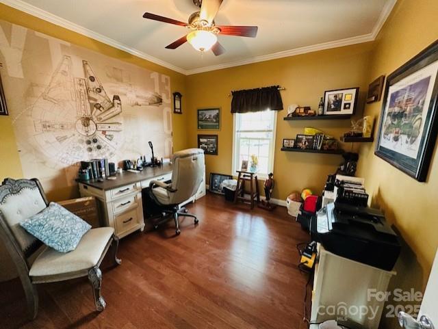 111 Brookview Dr, Shelby, NC 28152 - office area featuring wood finished floors, ornamental molding, and ceiling fan