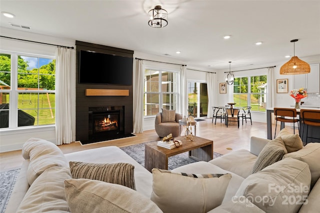 433 Sinaloa St, Waxhaw, NC 28173 - living room with recessed lighting, a fireplace, and light wood-style floors