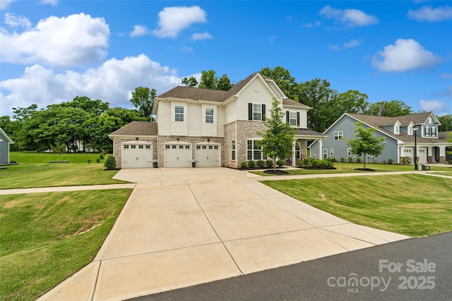 433 Sinaloa St, Waxhaw, NC 28173 - view of front of house with driveway, a front lawn, an attached garage, and stone siding