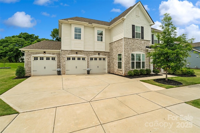 433 Sinaloa St, Waxhaw, NC 28173 - view of front of house with stone siding, concrete driveway, a front yard, and a garage