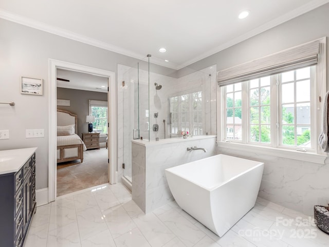 1600 Princeton Ave, Charlotte, NC 28209 - ensuite bathroom featuring marble finish flooring, a stall shower, a freestanding bath, crown molding, and recessed lighting
