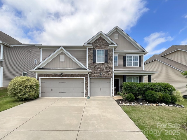 1810 Kerwick Ct, Lancaster, SC 29720 - craftsman-style house with stone siding, driveway, a garage, board and batten siding, and a front lawn