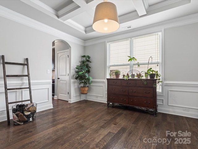 1810 Kerwick Ct, Lancaster, SC 29720 - bedroom with coffered ceiling, arched walkways, beamed ceiling, wood finished floors, and a decorative wall