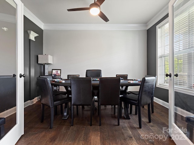 1810 Kerwick Ct, Lancaster, SC 29720 - dining space featuring french doors, crown molding, ceiling fan, dark wood-style flooring, and baseboards