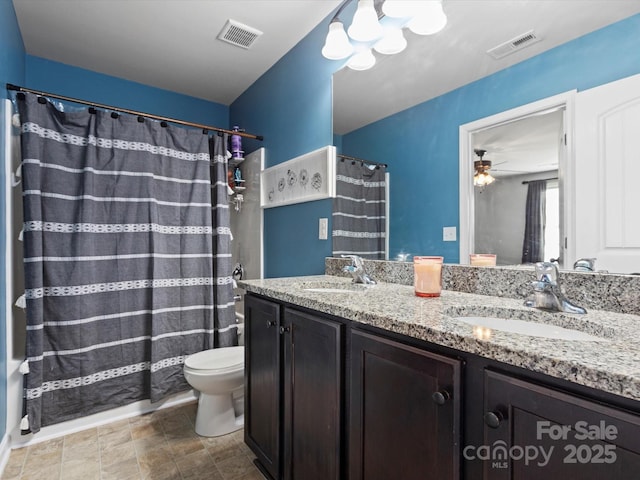 1810 Kerwick Ct, Lancaster, SC 29720 - full bath with toilet, double vanity, ceiling fan, and a shower with shower curtain