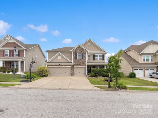1810 Kerwick Ct, Lancaster, SC 29720 - view of front facade with stone siding, concrete driveway, an attached garage, and a front yard