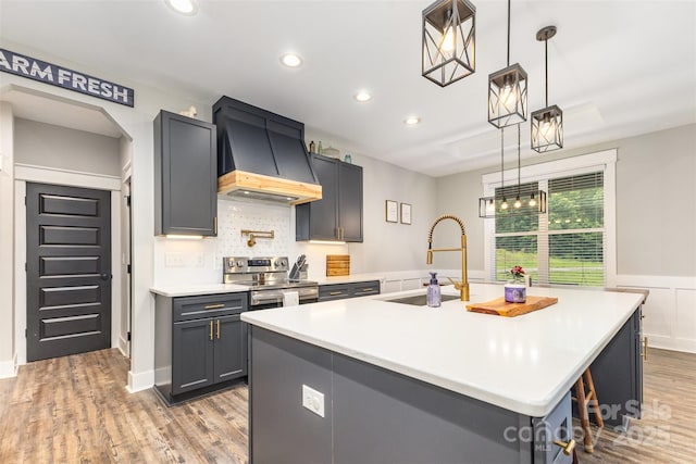 5215 Star Magnolia Ct, Clover, SC 29710 - kitchen featuring custom exhaust hood, stainless steel electric range oven, a sink, light wood-type flooring, and light countertops