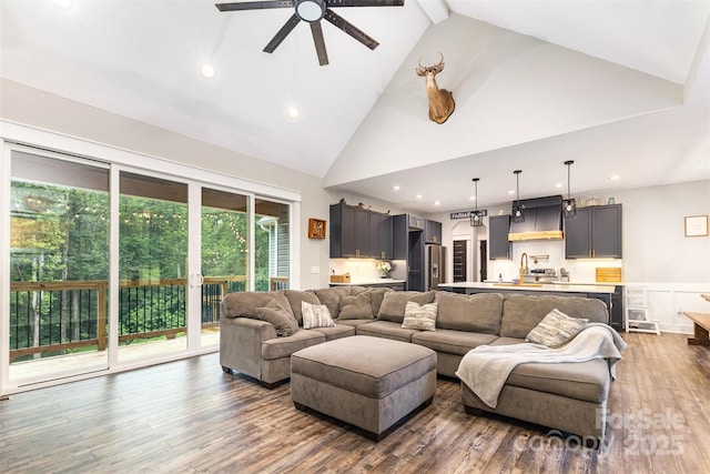 5215 Star Magnolia Ct, Clover, SC 29710 - living room with a ceiling fan, dark wood-type flooring, high vaulted ceiling, recessed lighting, and beam ceiling