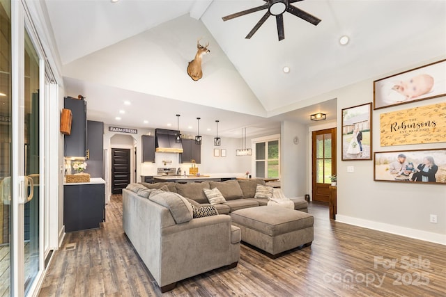 5215 Star Magnolia Ct, Clover, SC 29710 - living room featuring a ceiling fan, dark wood-style flooring, recessed lighting, high vaulted ceiling, and baseboards