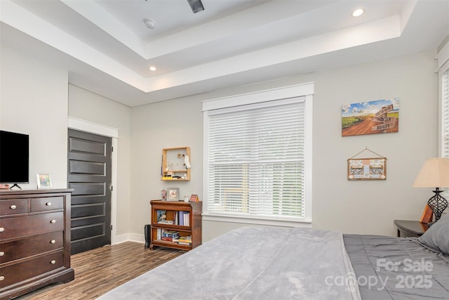 5215 Star Magnolia Ct, Clover, SC 29710 - bedroom with wood finished floors, recessed lighting, a tray ceiling, and baseboards