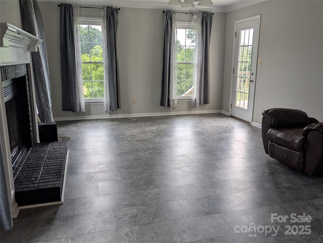 936 New Camp Creek Church Rd Unit 11, Kings Mountain, NC 28086 - living room featuring a fireplace, crown molding, and baseboards
