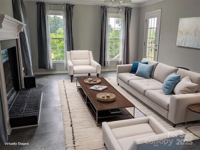 936 New Camp Creek Church Rd, Kings Mountain, NC 28086 - living area with plenty of natural light, ornamental molding, and a brick fireplace