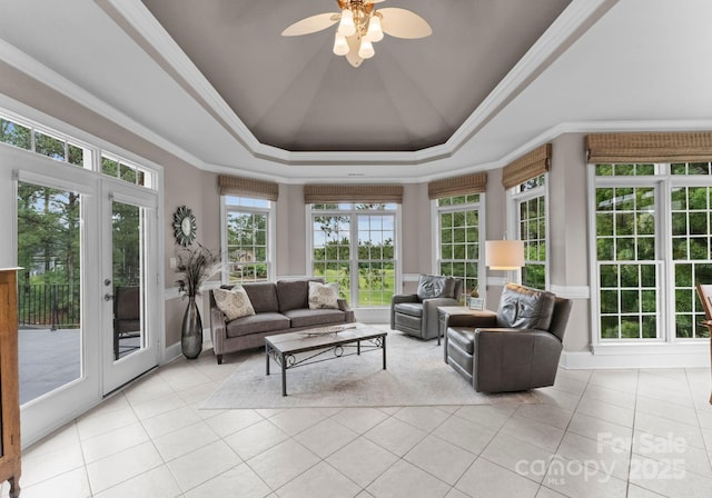 7412 Sahalee Dr, Denver, NC 28037 - living room with a raised ceiling, light tile patterned floors, ceiling fan, and ornamental molding