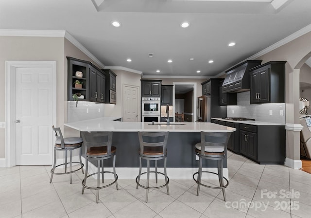 7412 Sahalee Dr, Denver, NC 28037 - kitchen with a peninsula, stainless steel appliances, tasteful backsplash, crown molding, and light countertops