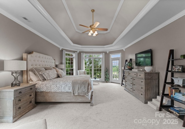 7412 Sahalee Dr, Denver, NC 28037 - bedroom featuring light colored carpet, a raised ceiling, access to exterior, crown molding, and ceiling fan