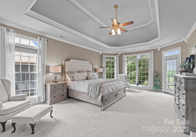 7412 Sahalee Dr, Denver, NC 28037 - bedroom with a raised ceiling, crown molding, carpet, access to outside, and a ceiling fan