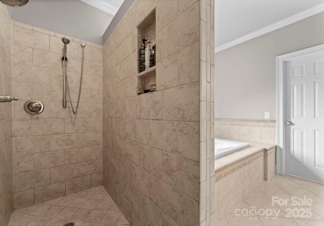 7412 Sahalee Dr, Denver, NC 28037 - bathroom with ornamental molding, tiled shower, tile patterned flooring, and a bath