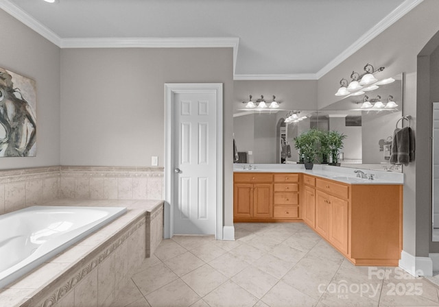7412 Sahalee Dr, Denver, NC 28037 - bathroom with a garden tub, double vanity, crown molding, and tile patterned floors