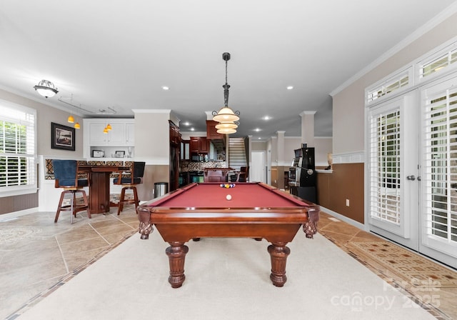 7412 Sahalee Dr, Denver, NC 28037 - recreation room featuring ornamental molding, a wainscoted wall, recessed lighting, pool table, and light tile patterned floors