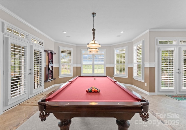 7412 Sahalee Dr, Denver, NC 28037 - game room with tile patterned floors, pool table, crown molding, french doors, and baseboards