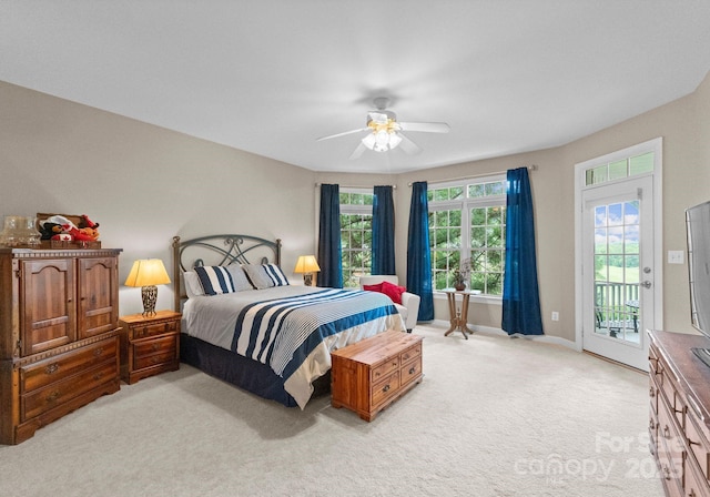 7412 Sahalee Dr, Denver, NC 28037 - bedroom featuring access to exterior, light carpet, ceiling fan, and baseboards