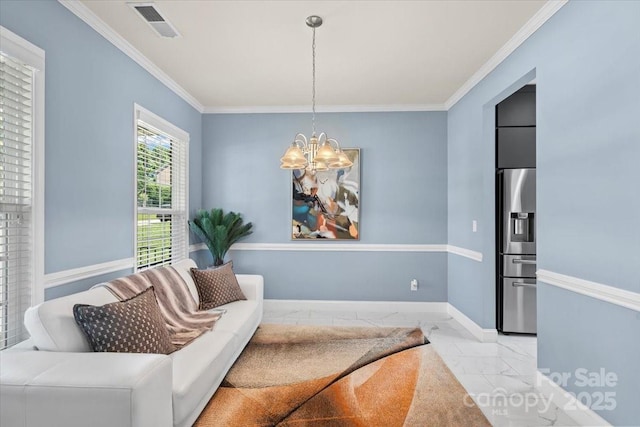 2213 Iron Works Dr, Clover, SC 29710 - living area featuring marble look tiles, a chandelier, and crown molding