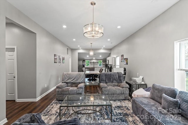 85 Ruritan Park Rd, Stony Point, NC 28678 - living room featuring wood finished floors, baseboards, a chandelier, and recessed lighting