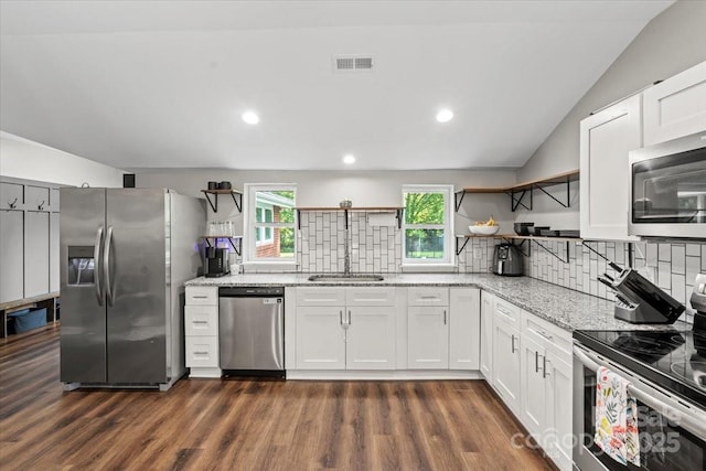 85 Ruritan Park Rd, Stony Point, NC 28678 - kitchen featuring appliances with stainless steel finishes, open shelves, a sink, tasteful backsplash, and recessed lighting