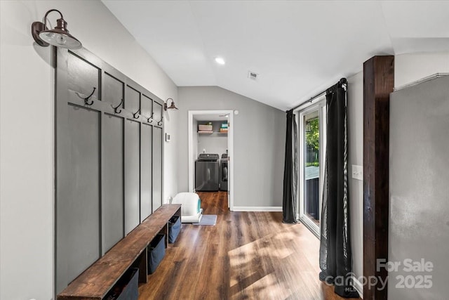 85 Ruritan Park Rd, Stony Point, NC 28678 - mudroom featuring vaulted ceiling, washing machine and dryer, wood finished floors, recessed lighting, and baseboards