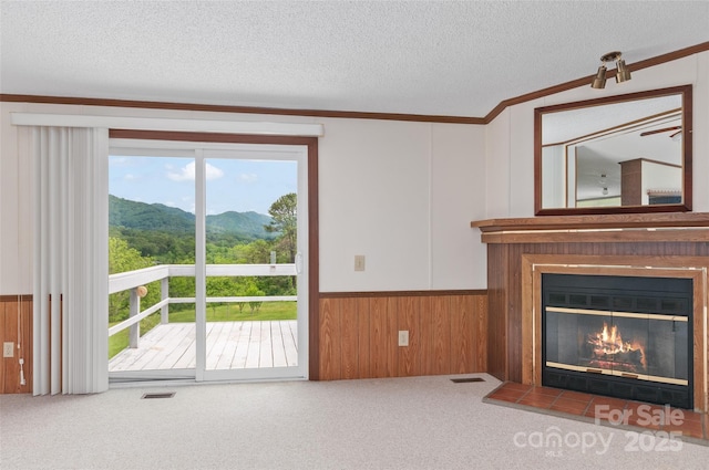 112 Melody St, Clyde, NC 28721 - unfurnished living room with wainscoting, a textured ceiling, crown molding, carpet floors, and a glass covered fireplace