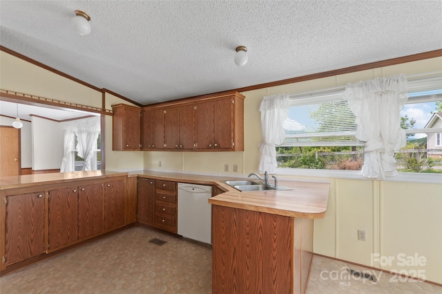 112 Melody St, Clyde, NC 28721 - kitchen featuring dishwasher, crown molding, a peninsula, lofted ceiling, and light countertops